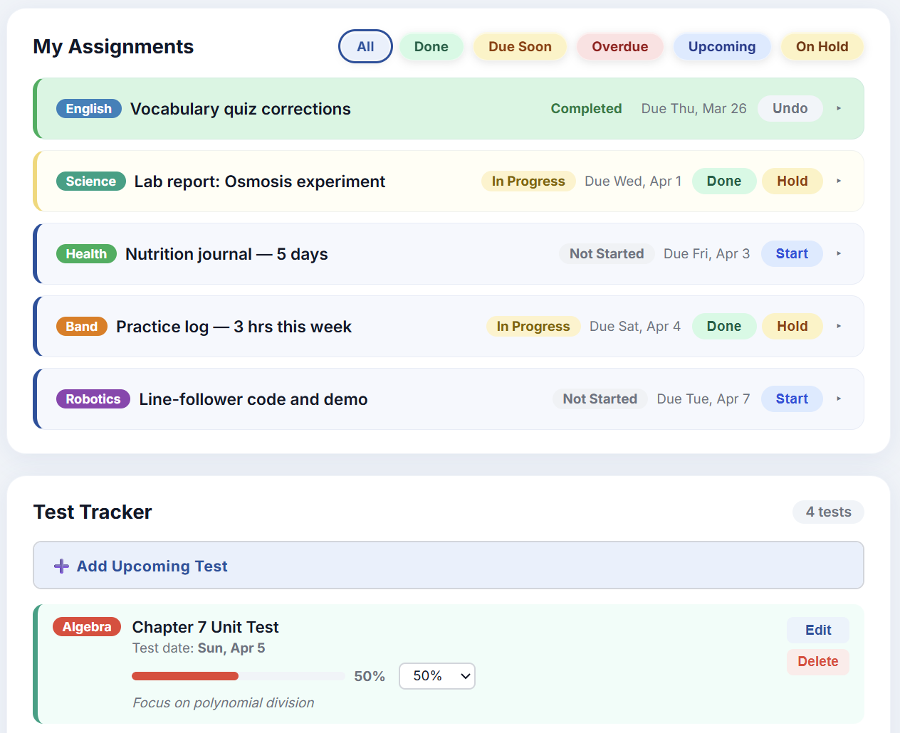 Student dashboard showing assignments with status, progress bars, and action buttons